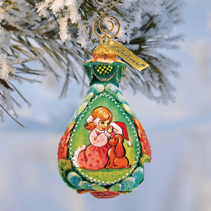 Secret Santa sculpted ornament by G. DeBrekht, green teardrop with girl and dog on Tampa Home & Garden Store