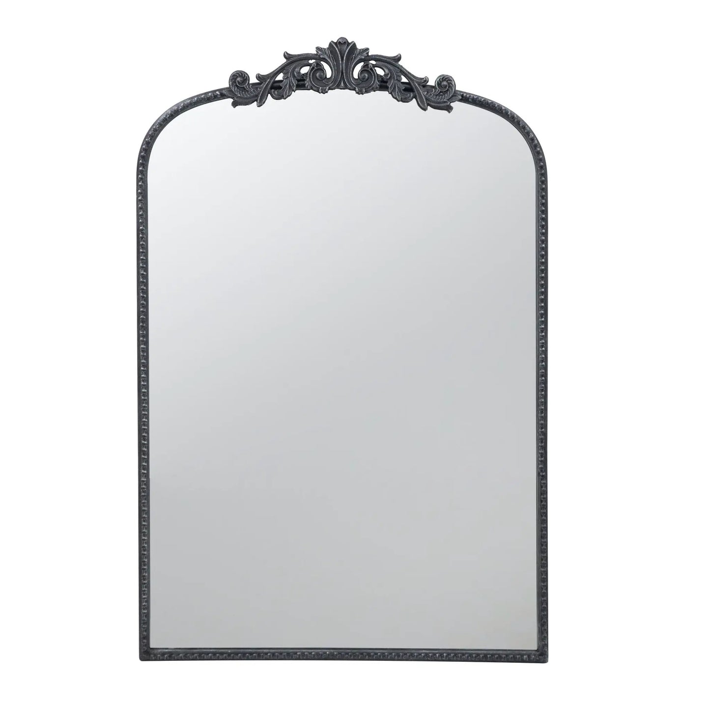 Arch baroque-inspired wall mirror with ornate black metal frame and beaded edge on Tampa Home & Garden Store