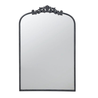 Arch baroque-inspired wall mirror with ornate black metal frame and beaded edge on Tampa Home & Garden Store