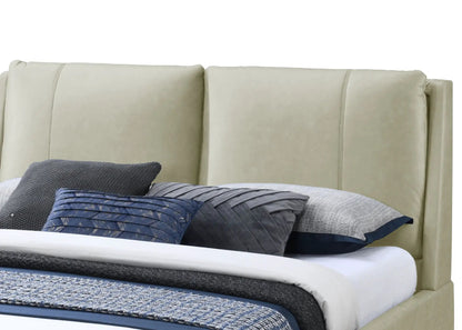 Fully Upholstered Bed in beige fabric with blue-gray cushions by Unique Piece Furniture on Tampa Home & Garden Store