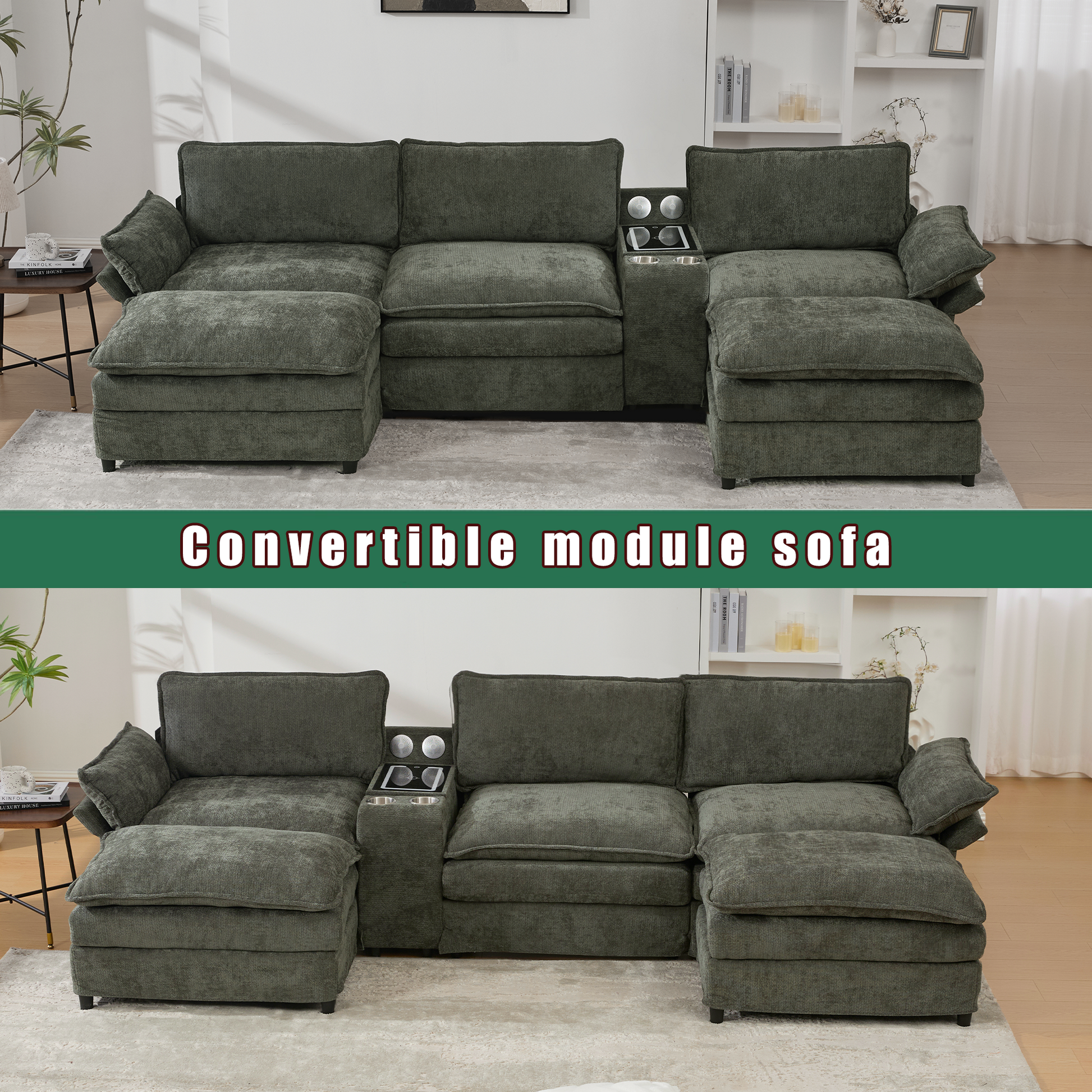 U-shaped modular sofa with storage console and Bluetooth speakers in dark green fabric on Tampa Home & Garden Store