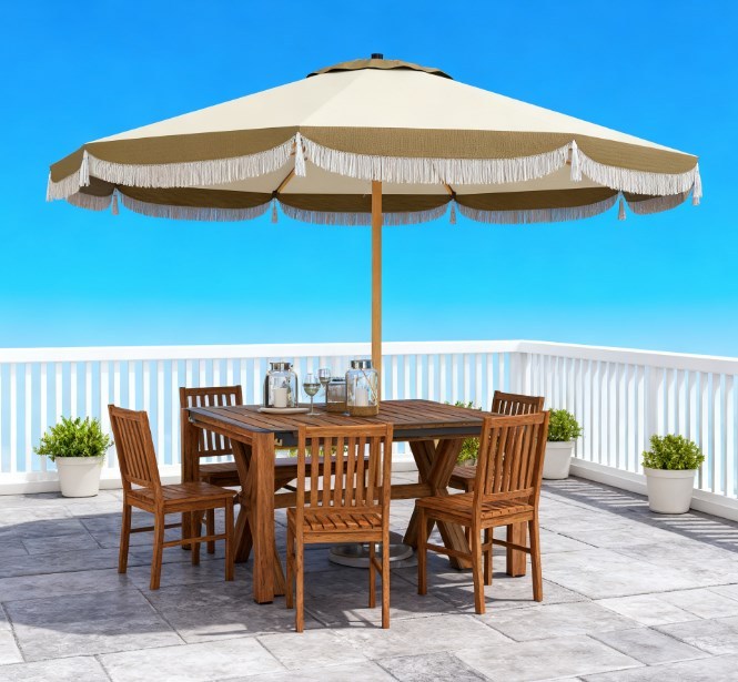 Vented Patio Table Umbrella beige canopy with fringe over wooden dining set HouseOfZazla on Tampa Home & Garden Store