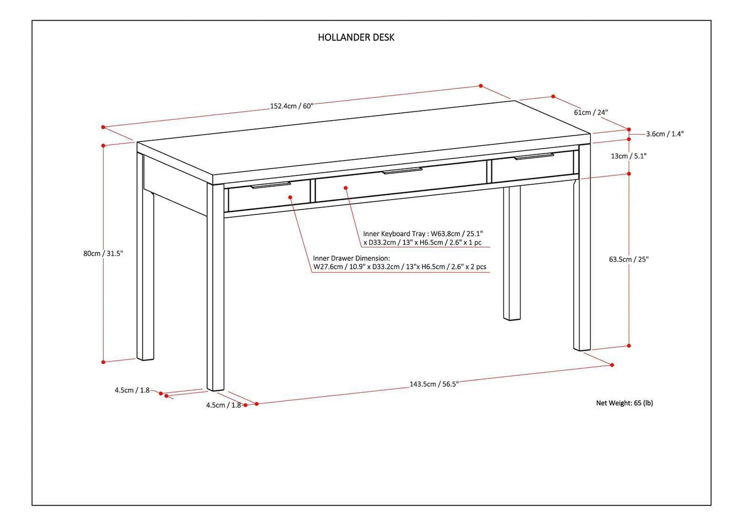 Hollander Desk line drawing with two inner drawers and keyboard tray Unique Piece Furniture on Tampa Home & Garden Store