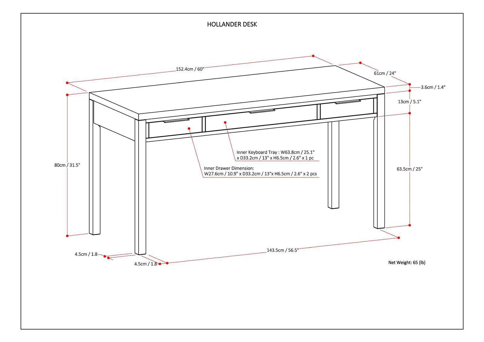 Hollander Desk line drawing with two inner drawers and keyboard tray Unique Piece Furniture on Tampa Home & Garden Store