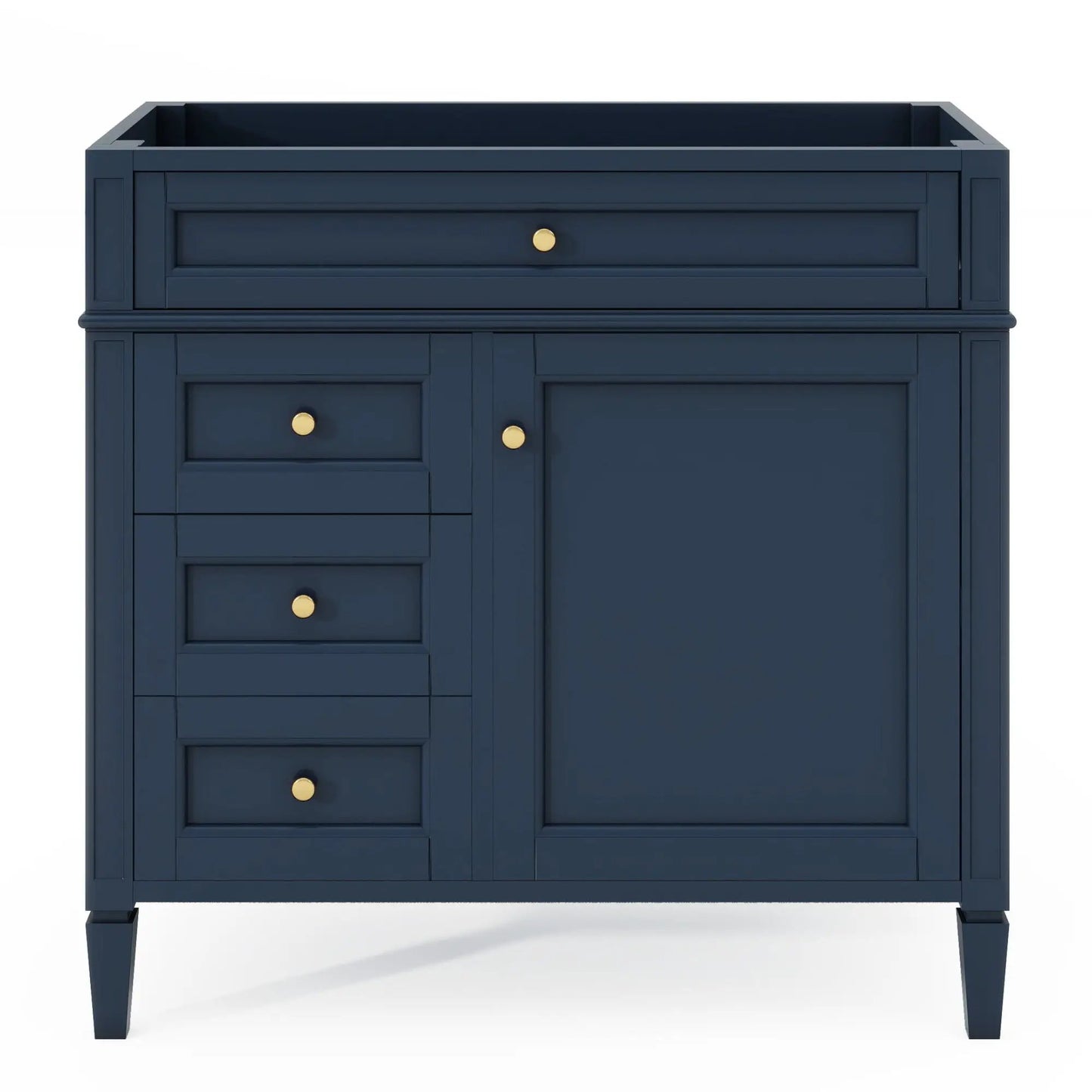 Bathroom vanity base in navy with two drawers and a tip-out drawer, brass knobs on Tampa Home & Garden Store