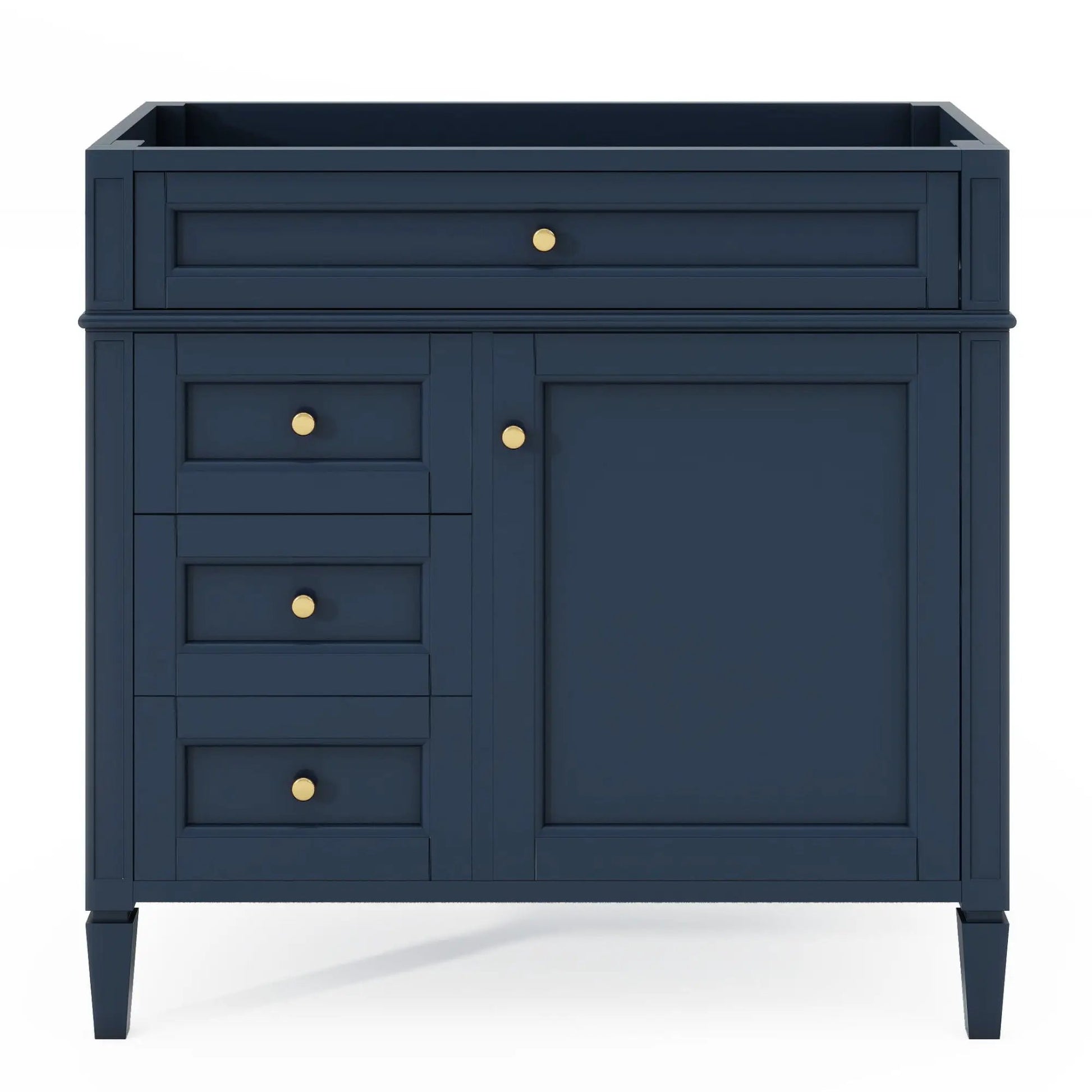 Bathroom vanity base in navy with two drawers and a tip-out drawer, brass knobs on Tampa Home & Garden Store