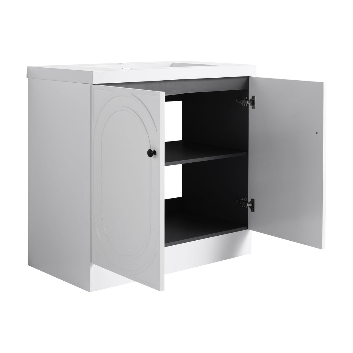 Freestanding white vanity with resin sink, cabinet doors, interior shelves visible on Tampa Home & Garden Store