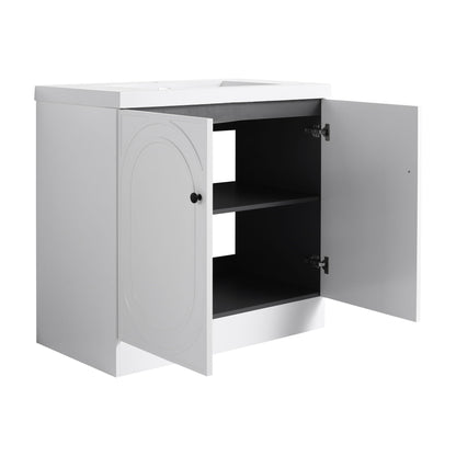 Freestanding white vanity with resin sink, cabinet doors, interior shelves visible on Tampa Home & Garden Store