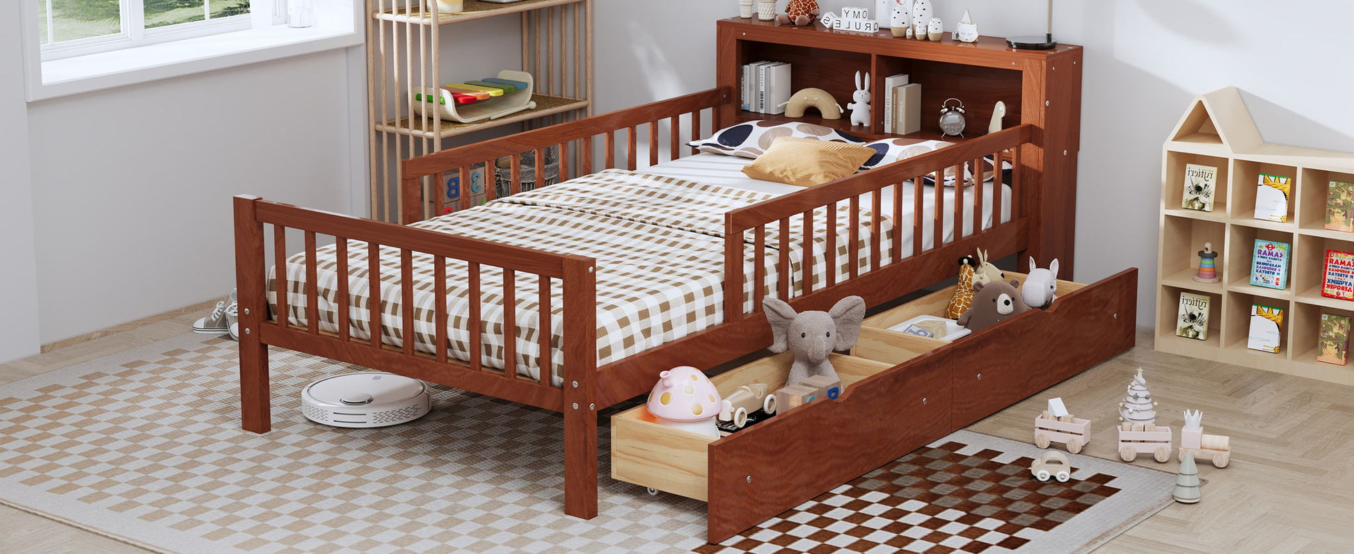 Bed with headboard storage rack by HouseOfZazla, dark wood, 2 under-bed drawers, 3 side guardrails on Tampa Home & Garden Store