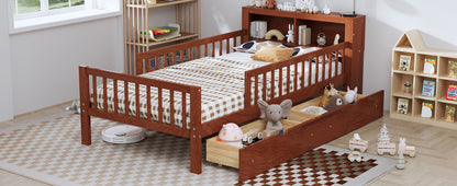 Bed with headboard storage rack by HouseOfZazla, dark wood, 2 under-bed drawers, 3 side guardrails on Tampa Home & Garden Store