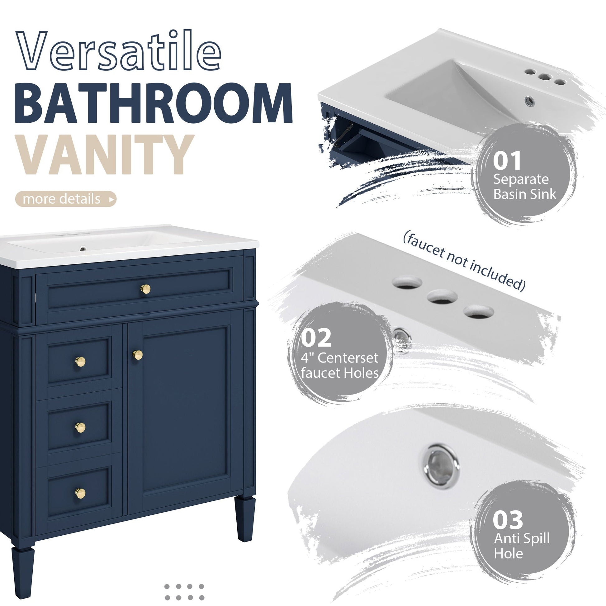 HouseOfZazla navy blue bathroom vanity with medicine cabinet, white countertop, gold knobs on Tampa Home & Garden Store