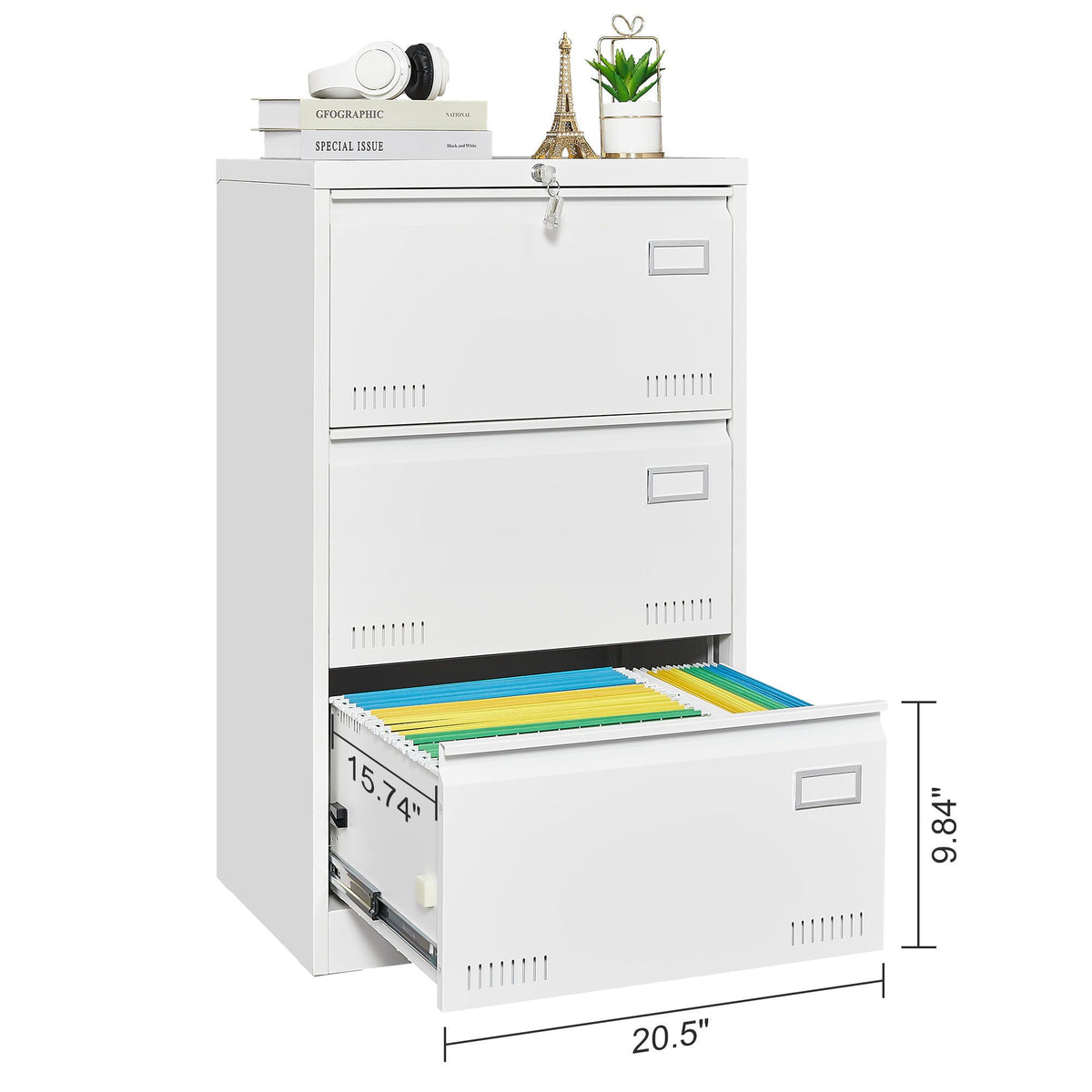 White 3-drawer locking filing cabinet with top lock; bottom drawer shows color-coded files on Tampa Home & Garden Store
