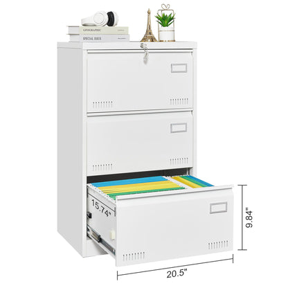 White 3-drawer locking filing cabinet with top lock; bottom drawer shows color-coded files on Tampa Home & Garden Store