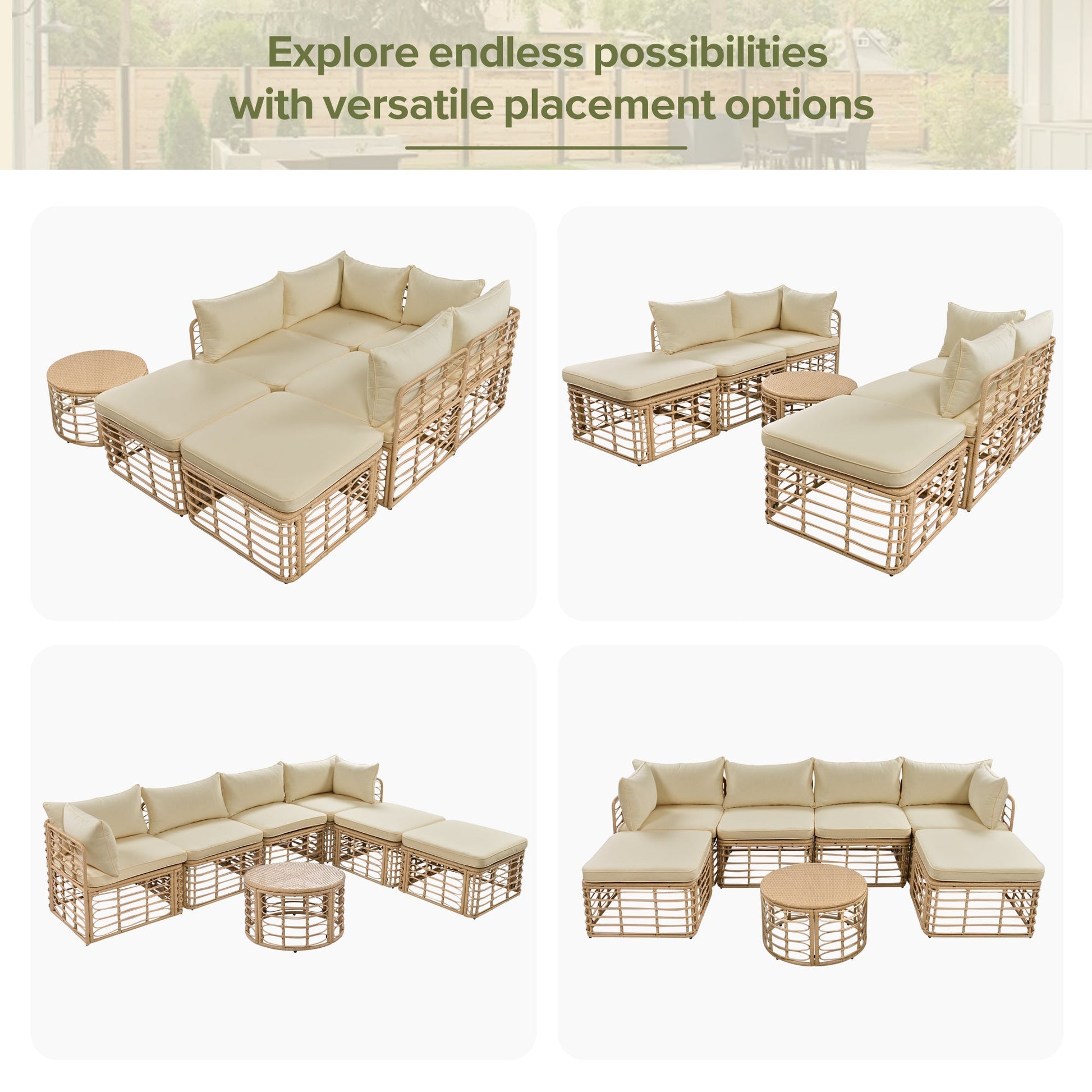 7-piece outdoor all-weather rattan sectional sofa set with thick beige cushions and pillows in brown wicker frames on Tampa Home & Garden Store