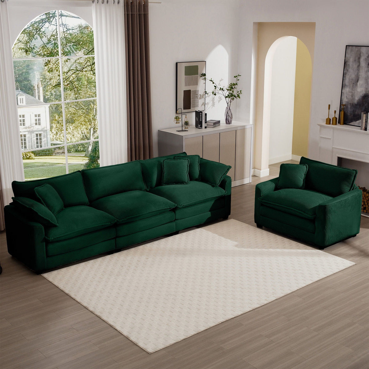 Emerald green 3-piece oversized sectional sofa with deep seats and flexible layout in living room on Tampa Home & Garden Store