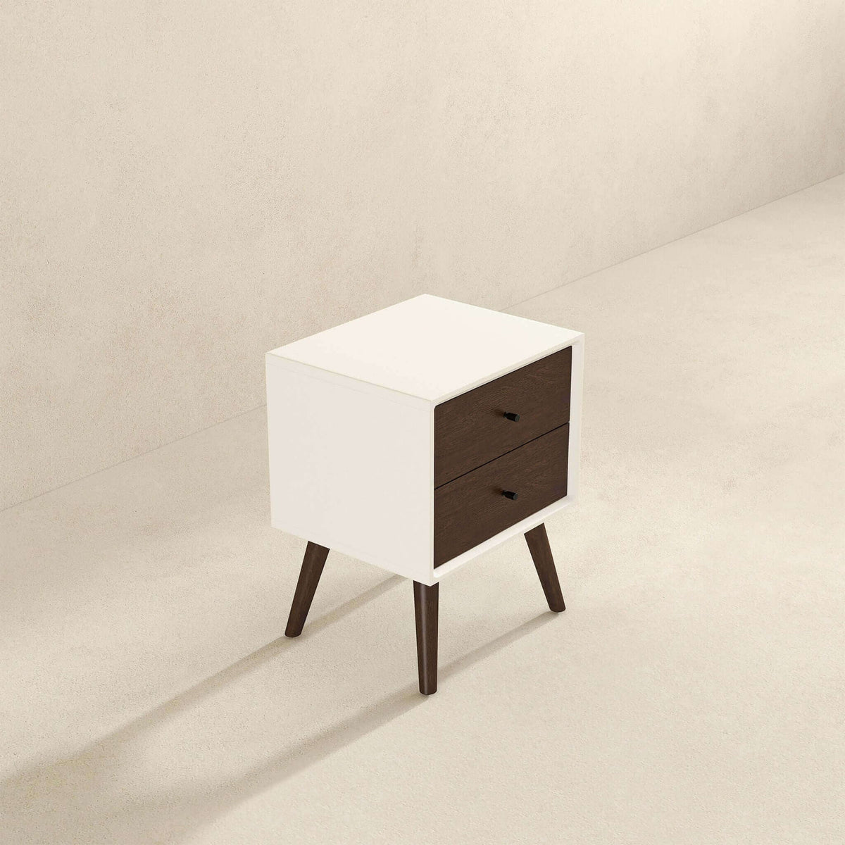 Mid-Century Modern night stand with 2 drawers, white body & dark brown fronts, tapered legs on Tampa Home & Garden Store