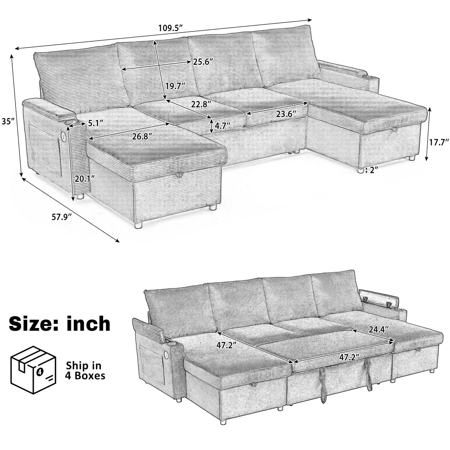 U Shaped Sectional Sofa Bed with Storage Chaise