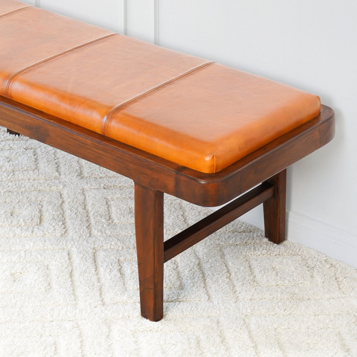 Rustic upholstered bench with tan genuine leather cushion and solid wood frame by HouseOfZazla on Tampa Home & Garden Store