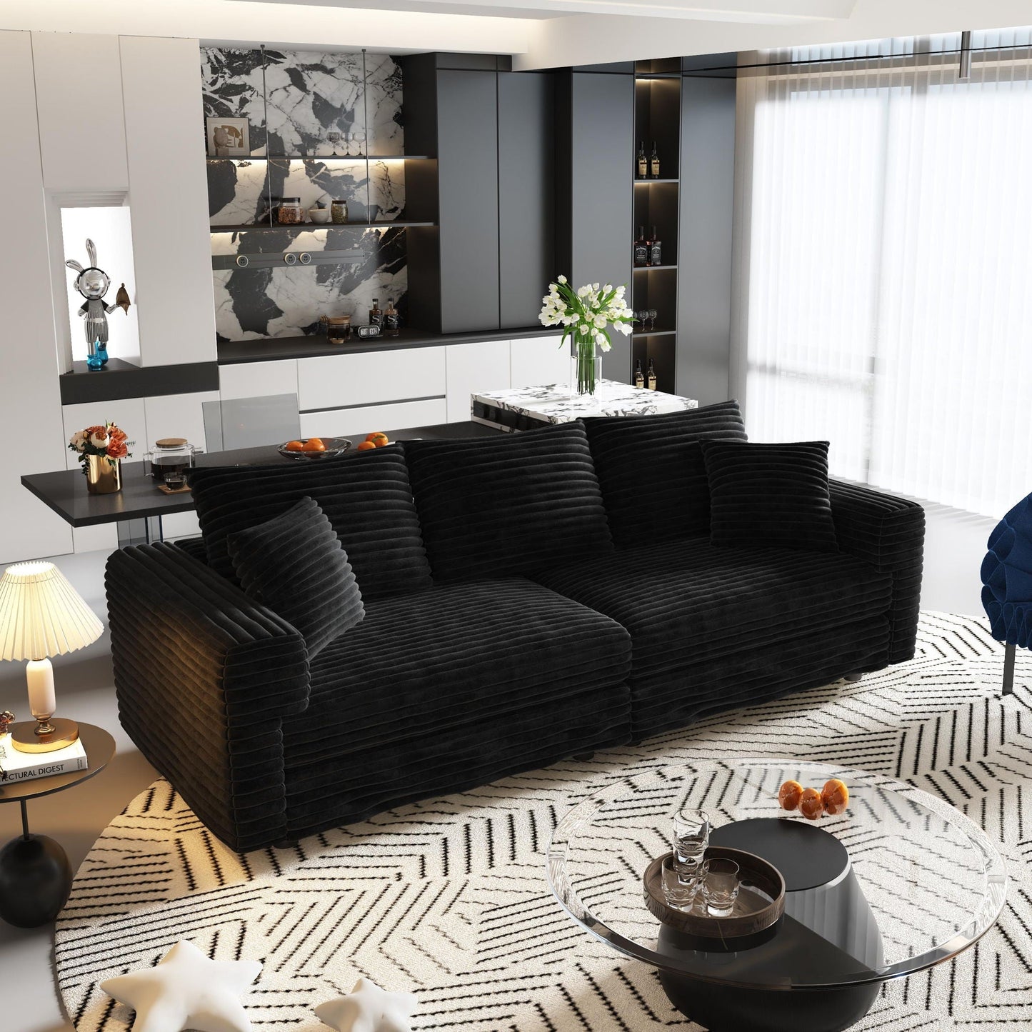 4 Seat Modern Comfy Upholstered Sofa Cloud Couch black velvet ribbed cushions HouseOfZazla on Tampa Home & Garden Store