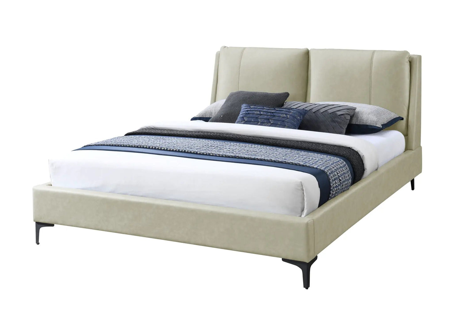 Fully upholstered beige bed with padded headboard and navy gray bedding Unique Piece Furniture on Tampa Home & Garden Store