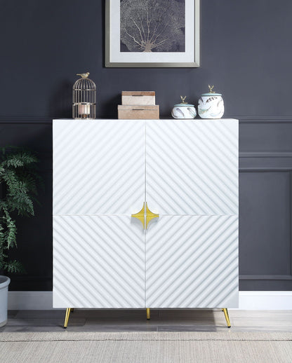 High gloss white accent cabinet with diagonal ribbed doors and gold legs on a dark wall on Tampa Home & Garden Store