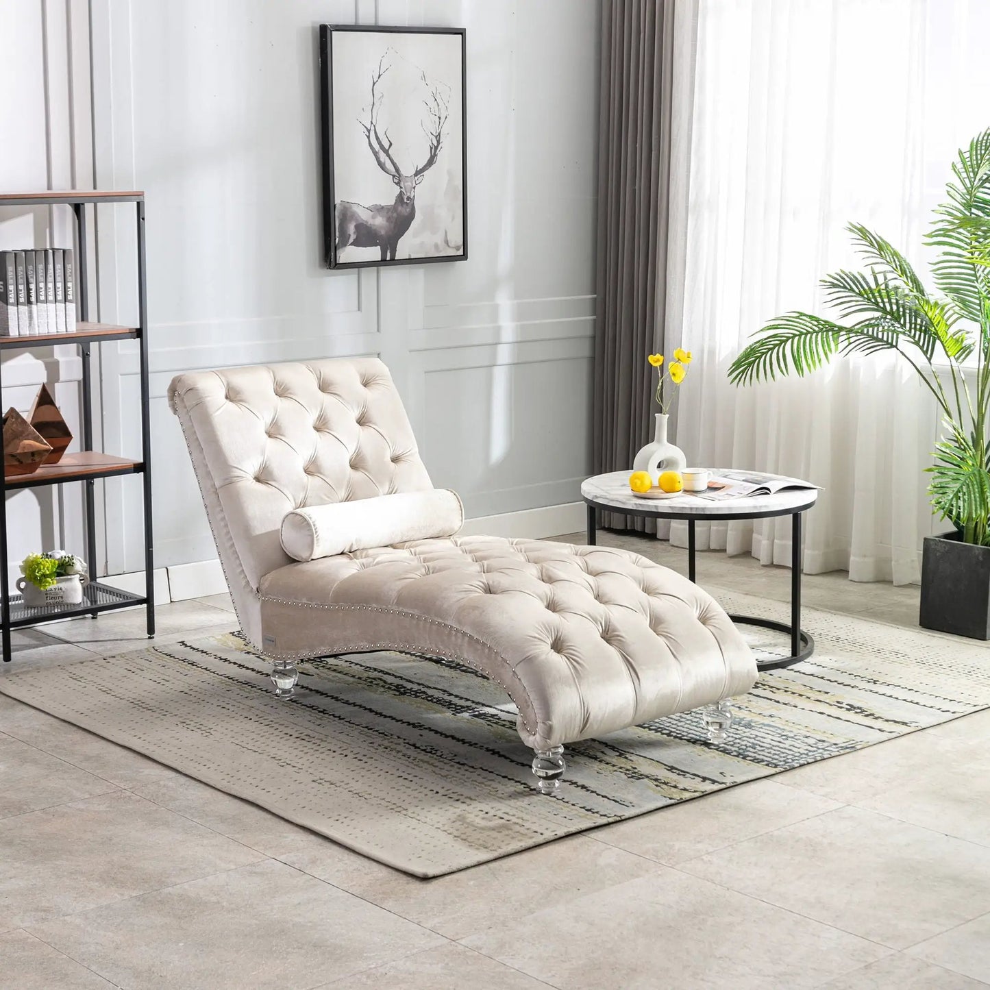 Indoor Chaise Lounge With Button Tufted Pillow