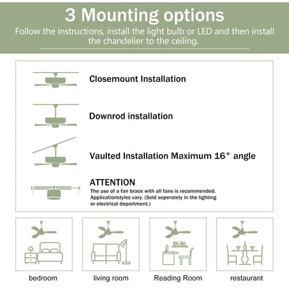 52in solid wood blades ceiling fan installation guide with three mounting options illustrated on Tampa Home & Garden Store