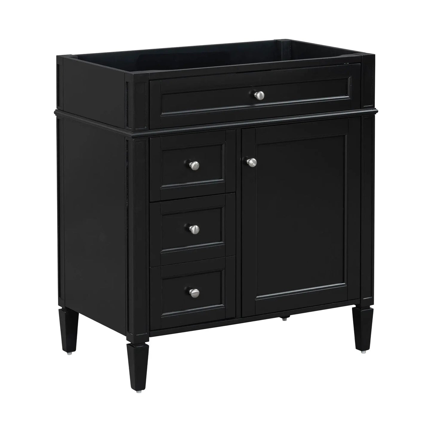 Black bathroom vanity base with 2 drawers, tip-out drawer and cabinet door, tapered legs on Tampa Home & Garden Store
