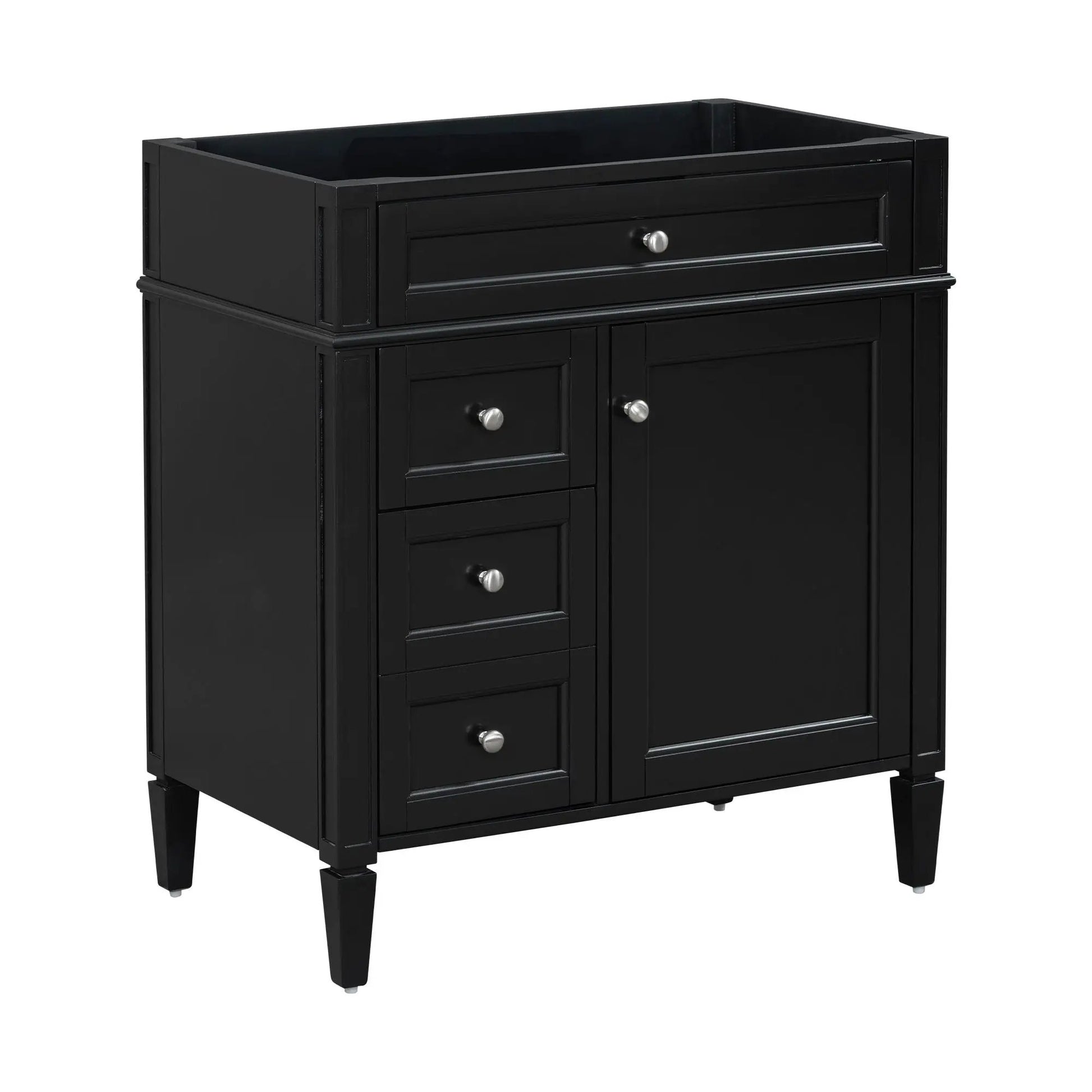 Black bathroom vanity base with 2 drawers, tip-out drawer and cabinet door, tapered legs on Tampa Home & Garden Store