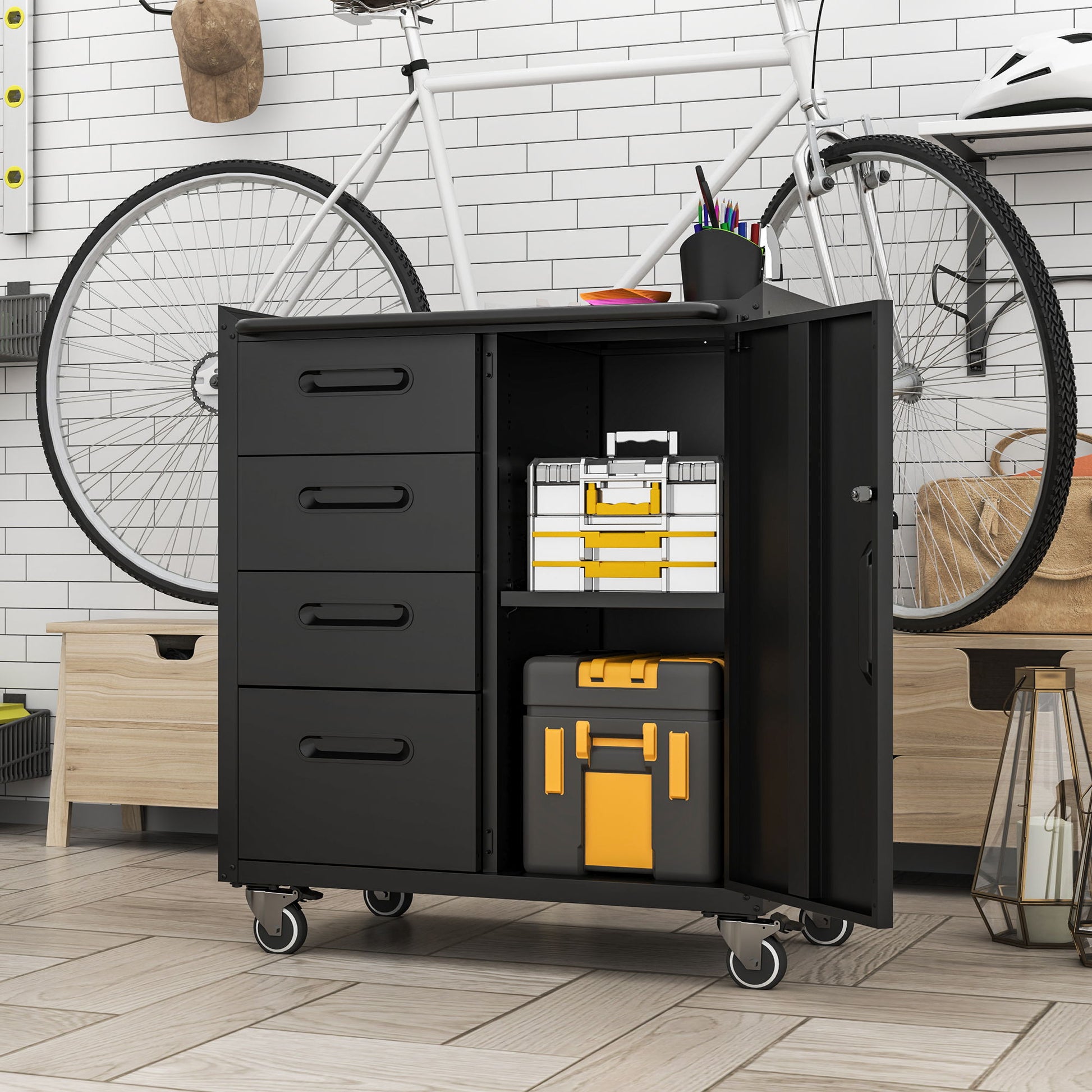 Sturdy metal tool storage cabinet on wheels black steel with drawers HouseOfZazla on Tampa Home & Garden Store