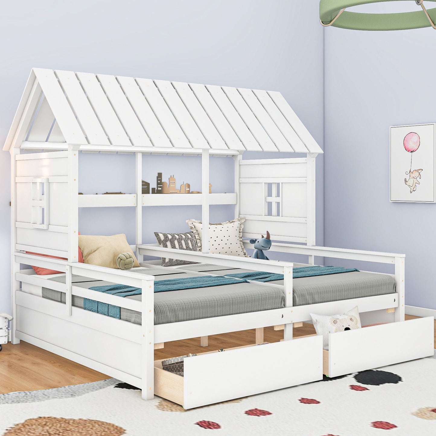 House Platform Bed with 2 Drawers, white wood frame, child-friendly storage for kids on Tampa Home & Garden Store