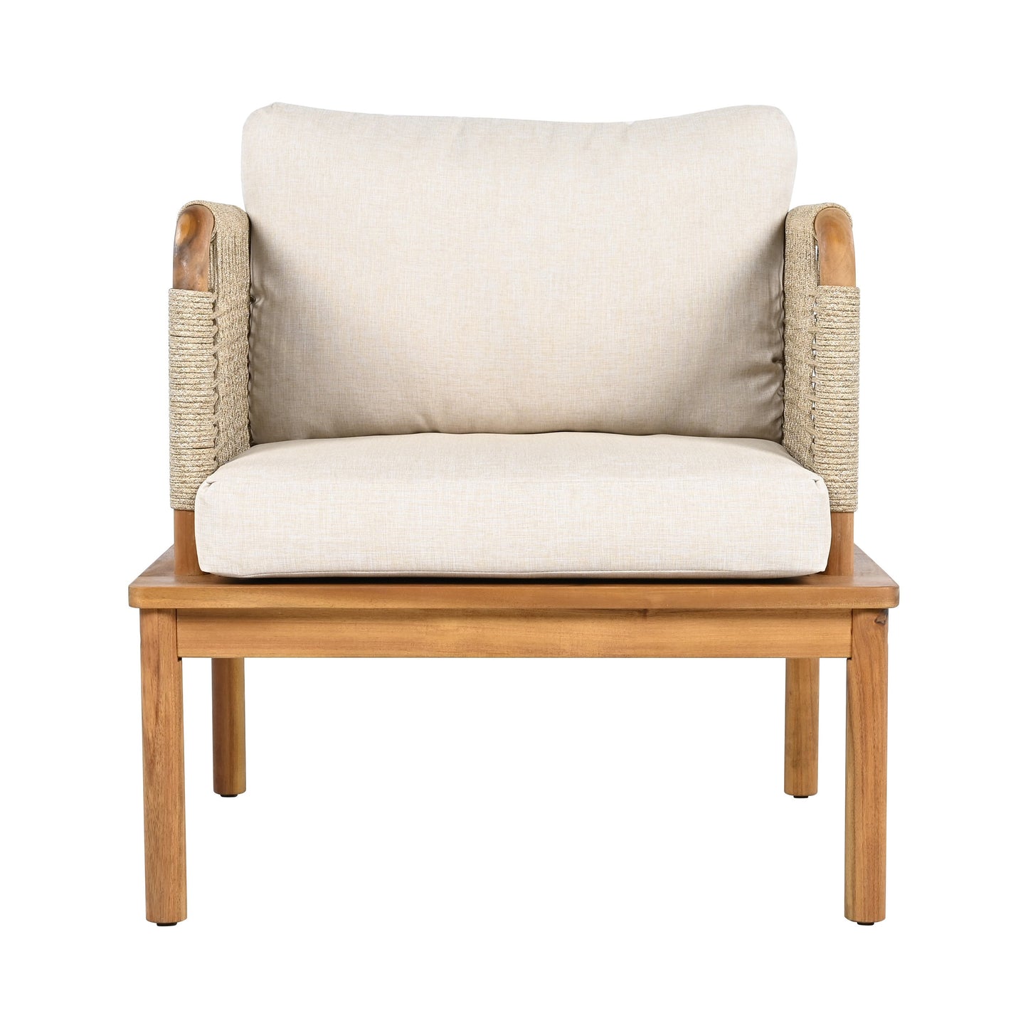 Outdoor 5-Piece Acacia Wood and Rope Patio Sofa Set with beige cushions and rope-wrapped arms on Tampa Home & Garden Store