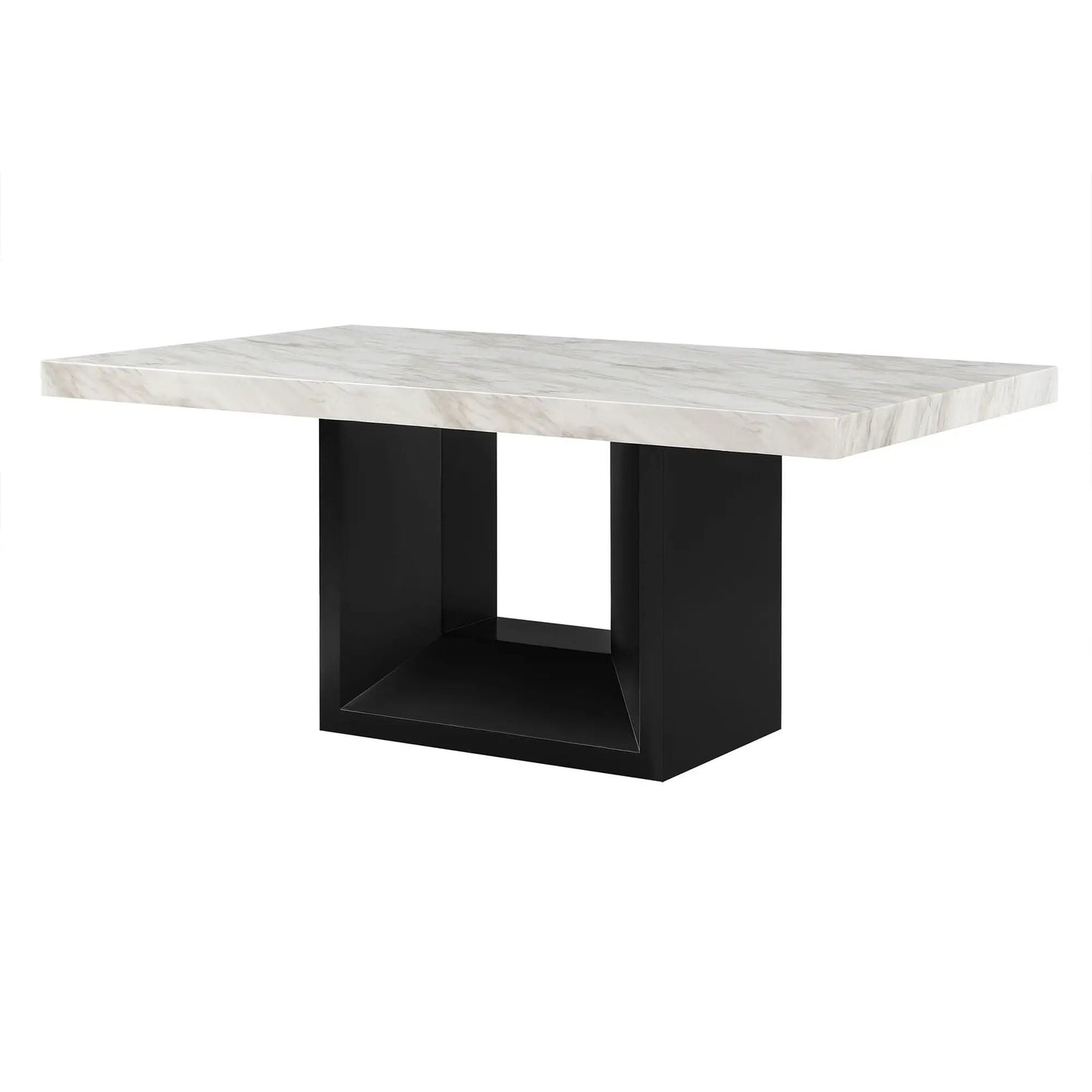 Sheena Dining Table with white marble top and black geometric pedestal base on Tampa Home & Garden Store