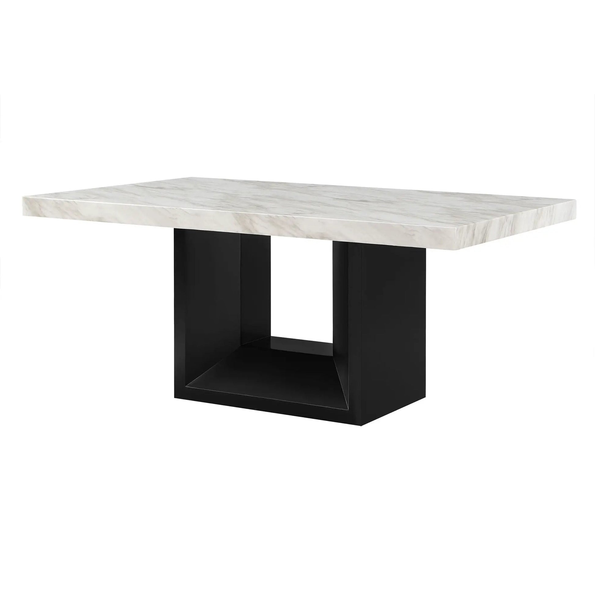 Sheena Dining Table with white marble top and black geometric pedestal base on Tampa Home & Garden Store