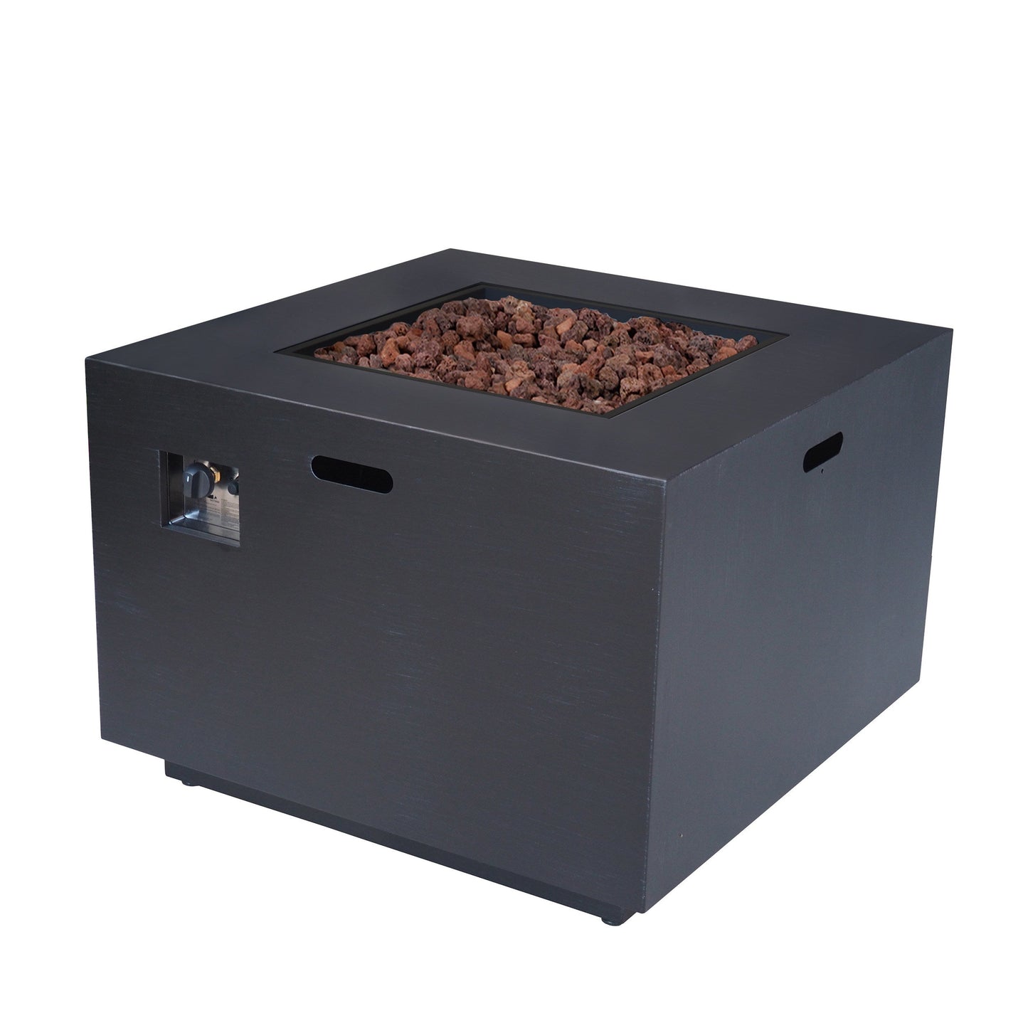 Outdoor Patio Propane Fire Pit, square iron, black finish with lava rocks, 24in H x 31in W on Tampa Home & Garden Store