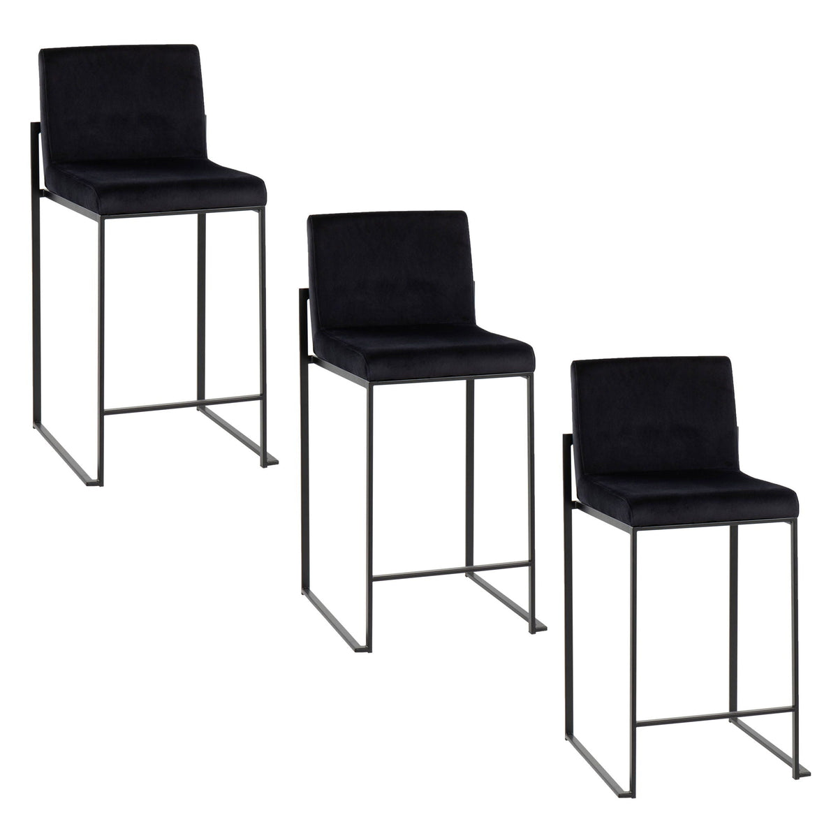 Fuji high back counter stool set in black velvet with slender metal frame on Tampa Home & Garden Store