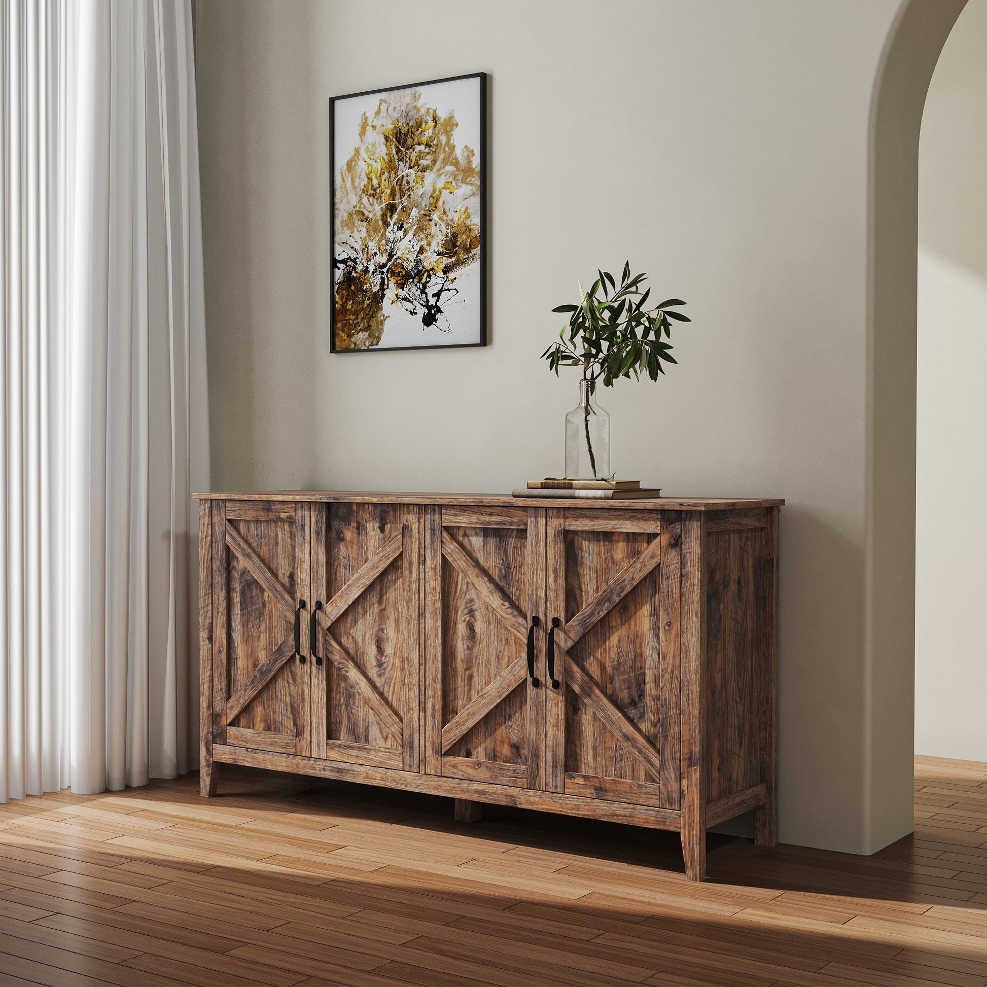 Cabinet with 4 doors and 4 open shelves in rustic wood with diagonal X panels and black hardware on Tampa Home & Garden Store