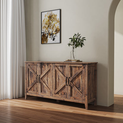 Cabinet with 4 doors and 4 open shelves in rustic wood with diagonal X panels and black hardware on Tampa Home & Garden Store