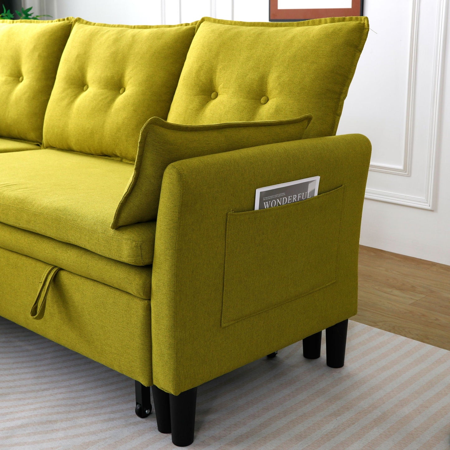 L-shaped reversible chaise sectional sofa with storage in chartreuse upholstery, cushions on Tampa Home & Garden Store