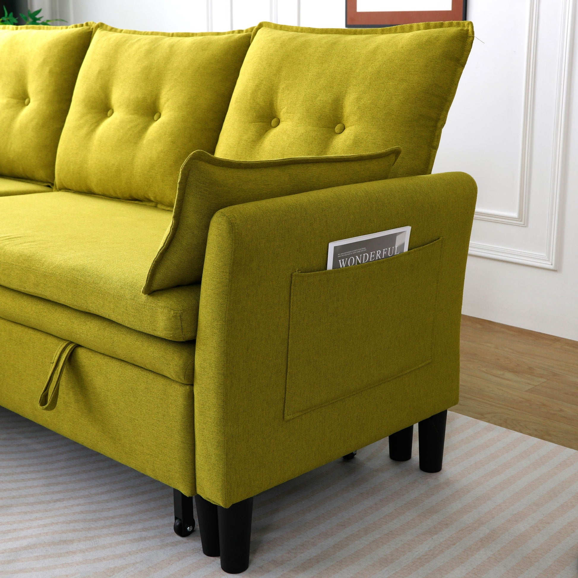 L-shaped reversible chaise sectional sofa with storage in chartreuse upholstery, cushions on Tampa Home & Garden Store