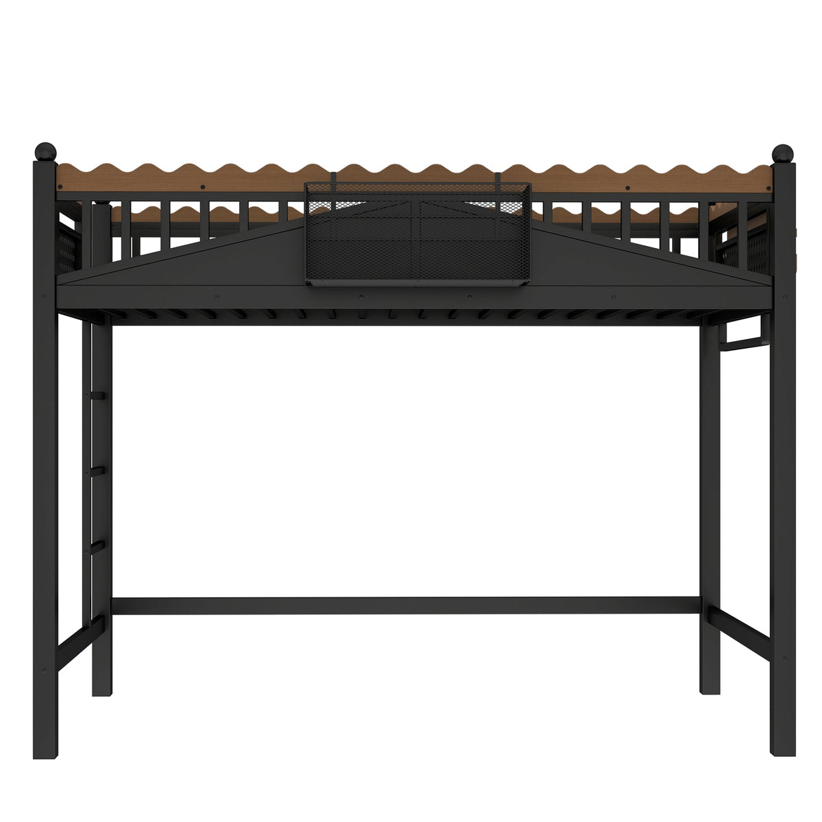 Twin XL loft bed in black metal with wood scalloped top rail and front mesh guard on Tampa Home & Garden Store