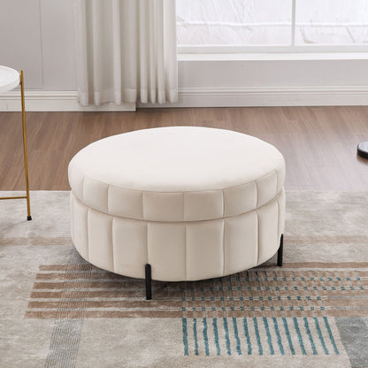 Round cream storage ottoman with pumpkin-shaped tufting and reversible lid on Tampa Home & Garden Store