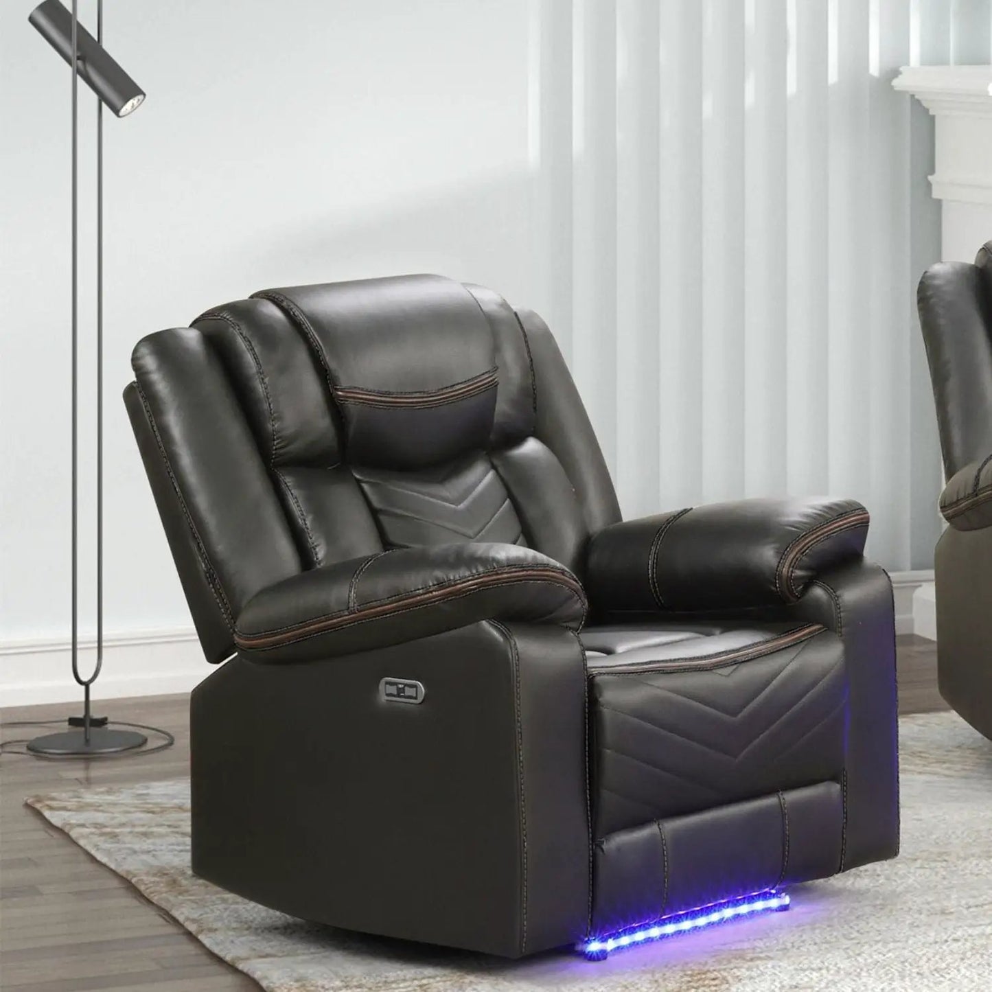 Challenger LED power recliner chair in black leather with brown stitching side control blue LED base on Tampa Home & Garden Store