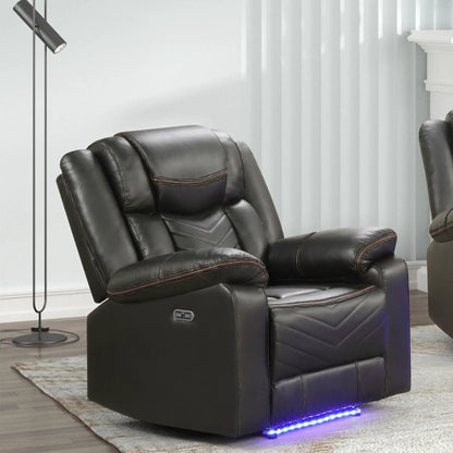Challenger LED power recliner chair in black leather with brown stitching side control blue LED base on Tampa Home & Garden Store