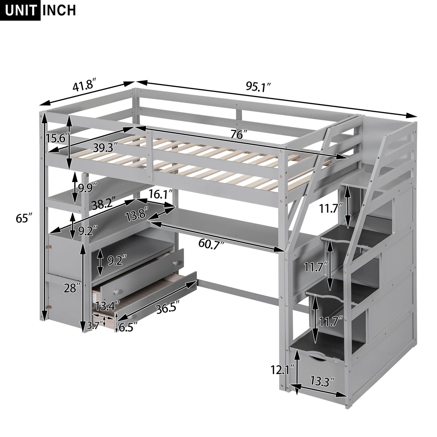 Loft Bed With Desk, Shelves, 2 Drawers, Storage Staircase in gray by HouseOfZazla on Tampa Home & Garden Store