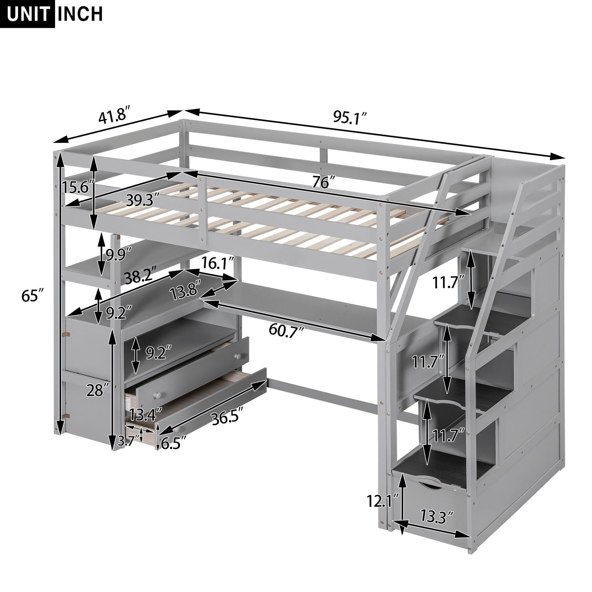 Loft Bed With Desk, Shelves, 2 Drawers, Storage Staircase in gray by HouseOfZazla on Tampa Home & Garden Store