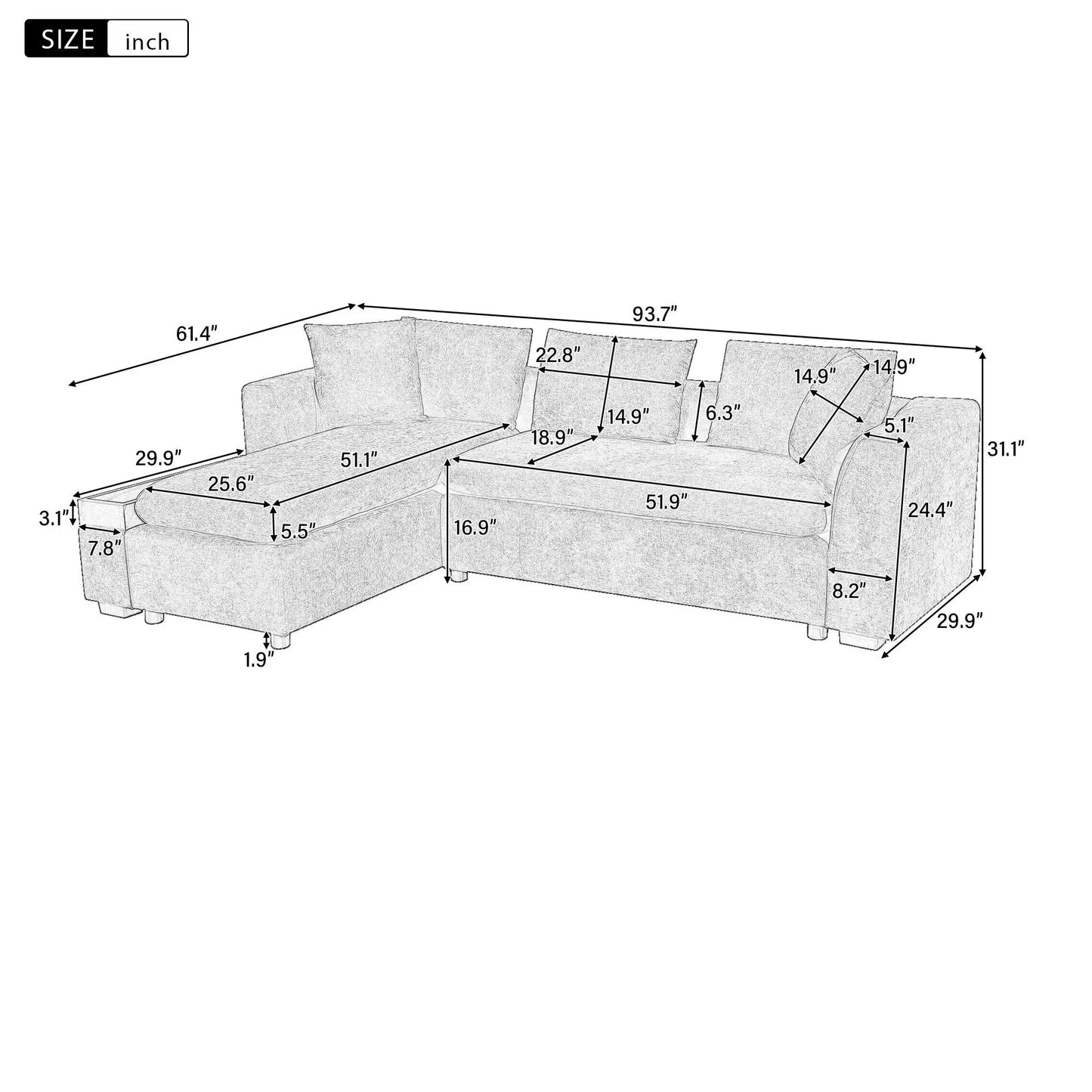 Modern L Shaped Sectional Sofa with Storage