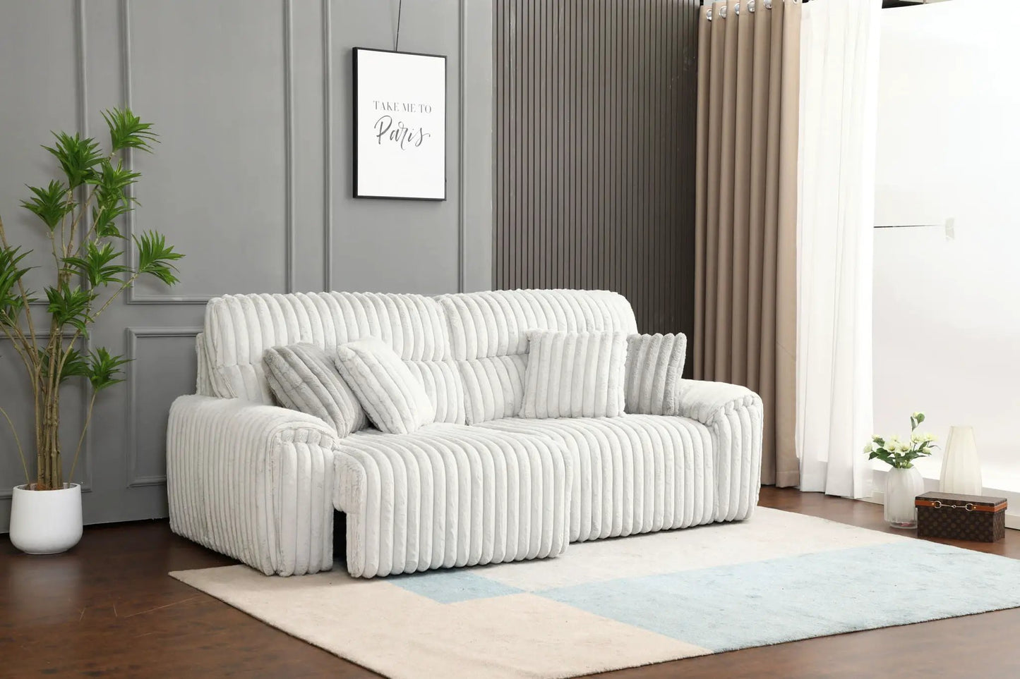 Jaya Power Motion Sofa with Sleeper & USB Port, mondo gray, ribbed fabric in modern living room on Tampa Home & Garden Store