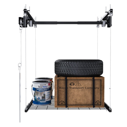 Overhead garage storage rack with crank system black steel; pulley system, holds tire, crate on Tampa Home & Garden Store