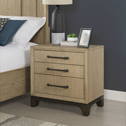 3 Drawer Nightstand with USB port, brown oak finish, black metal pulls, with lamp and photo on Tampa Home & Garden Store